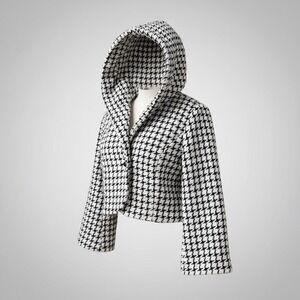 VTG Dereon Beyoncé Black White Houndstooth Hooded Jacket Women's Size L‎ Glitter